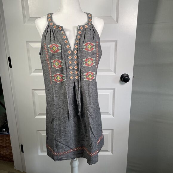 Uncle Frank Anthropology Dress Gray Coral Embroidered Linen blend Halter Size L - Picture 2 of 9